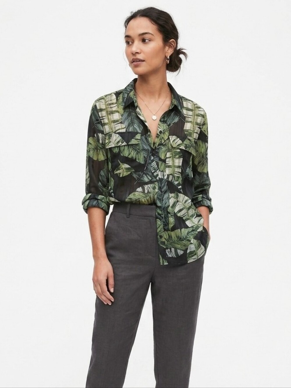 Banana Republic Dillon Shirt | Tropical Palm Leaf Sheer Button Down – Size M